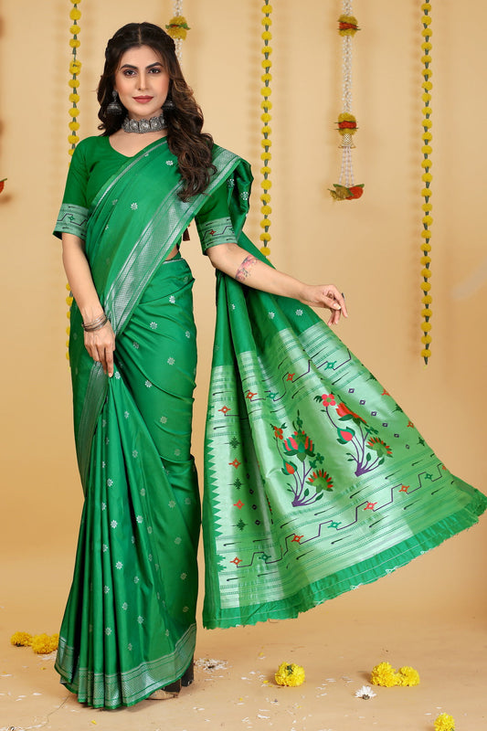 Dhiyona GR Women's Mastani Bottle Green Zari Paithani Silk Saree