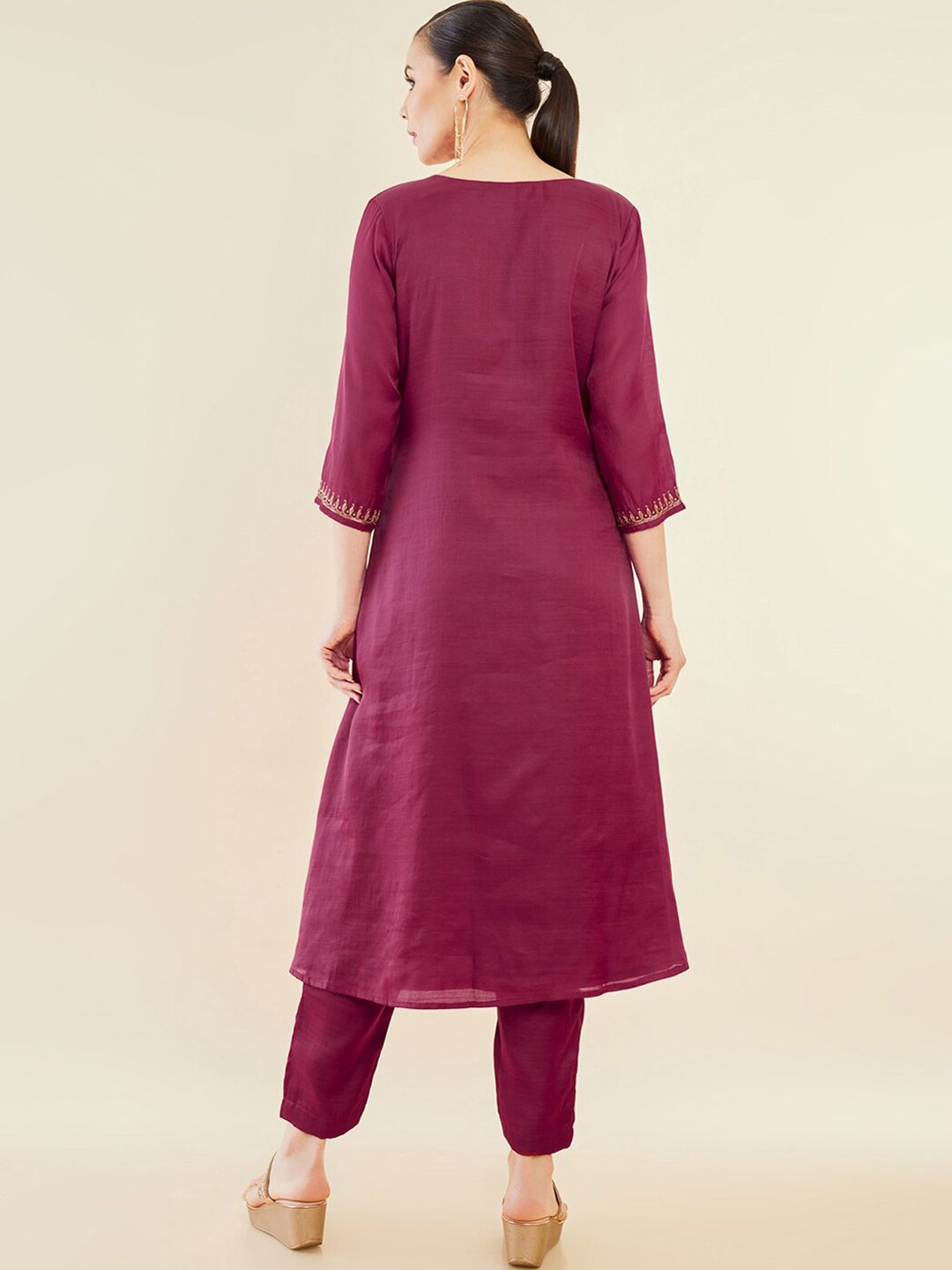 Dhiyona SO Women's Maroon Ethnic Motifs Embroidered Regular Sequinned A-Line Kurta With Trousers