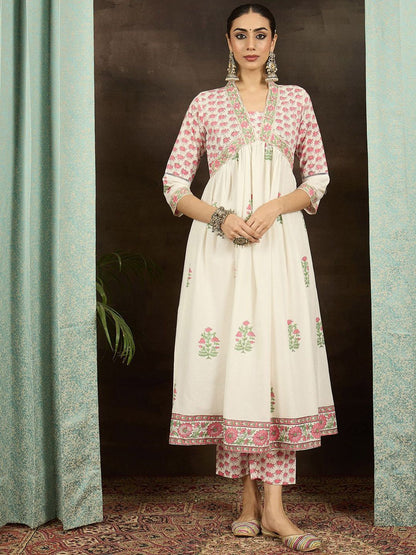 Dhiyona IE Women Floral Printed Empire Mirror Work Kurta with Trousers & With Dupatta