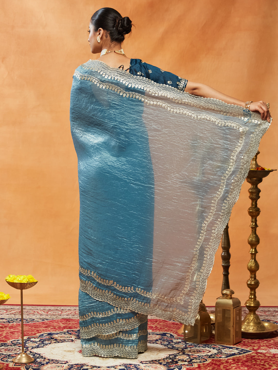 Dhiyona KS Women's Embellished Sequinned Embroidered Organza Saree