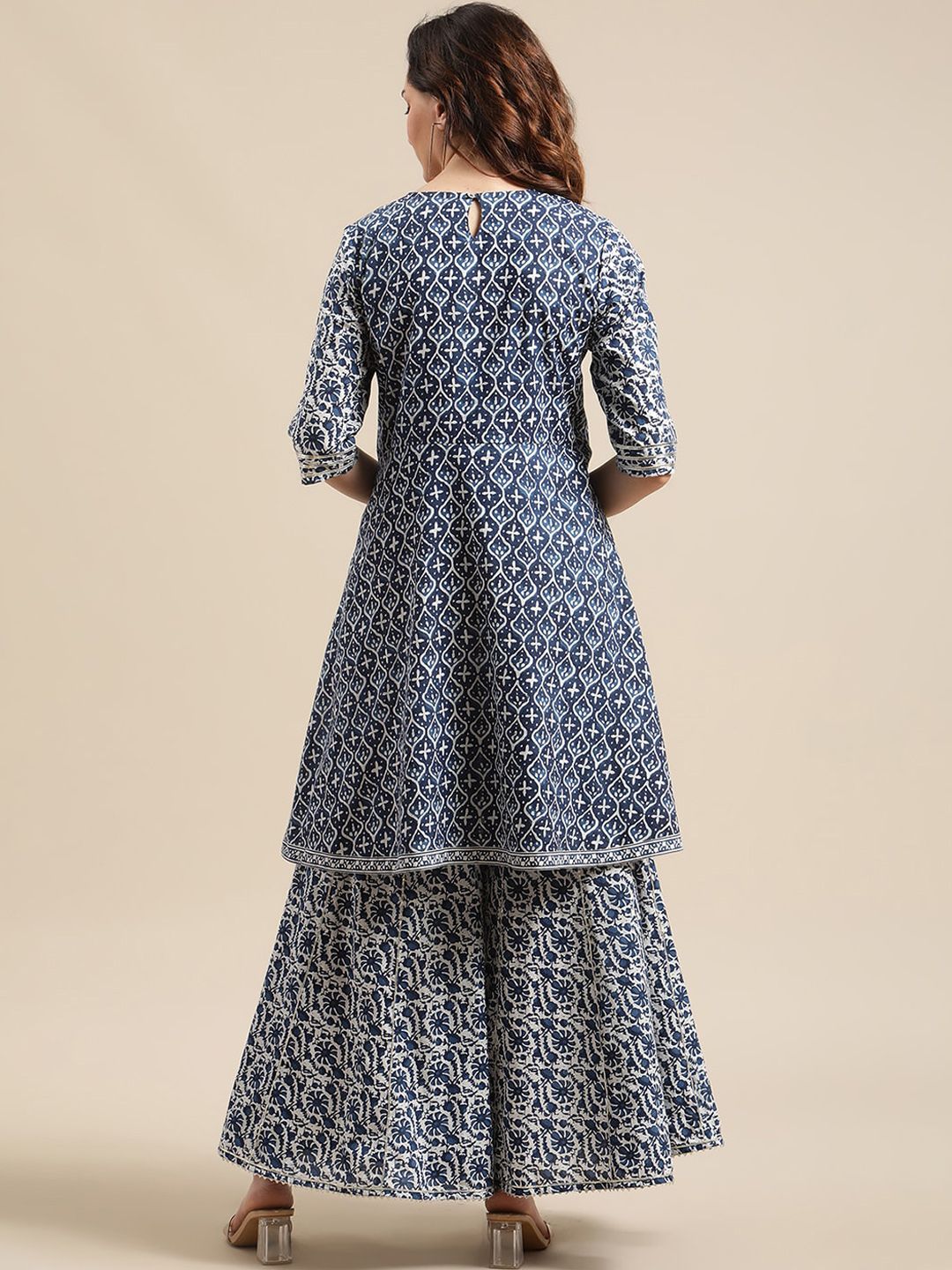 Dhiyona VA Women'sBlue & White Floral Printed Flared Kurta Sharara Set