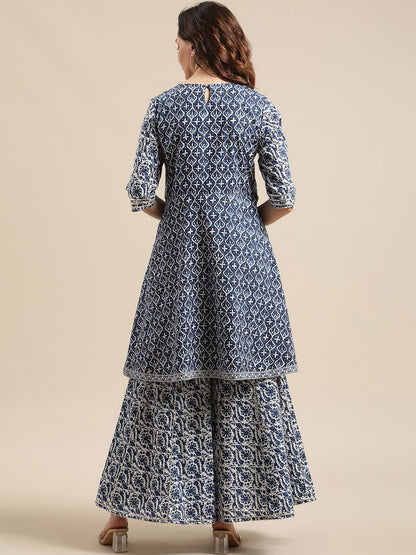 Dhiyona VA Women'sBlue & White Floral Printed Flared Kurta Sharara Set