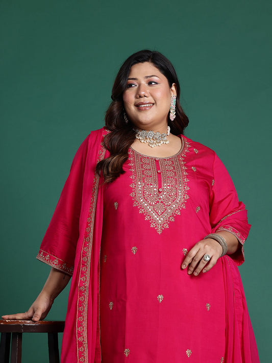 Dhiyona IE Plus Size Ethnic Motifs Embroidered Sequinned Kurta with Trousers & With Dupatta