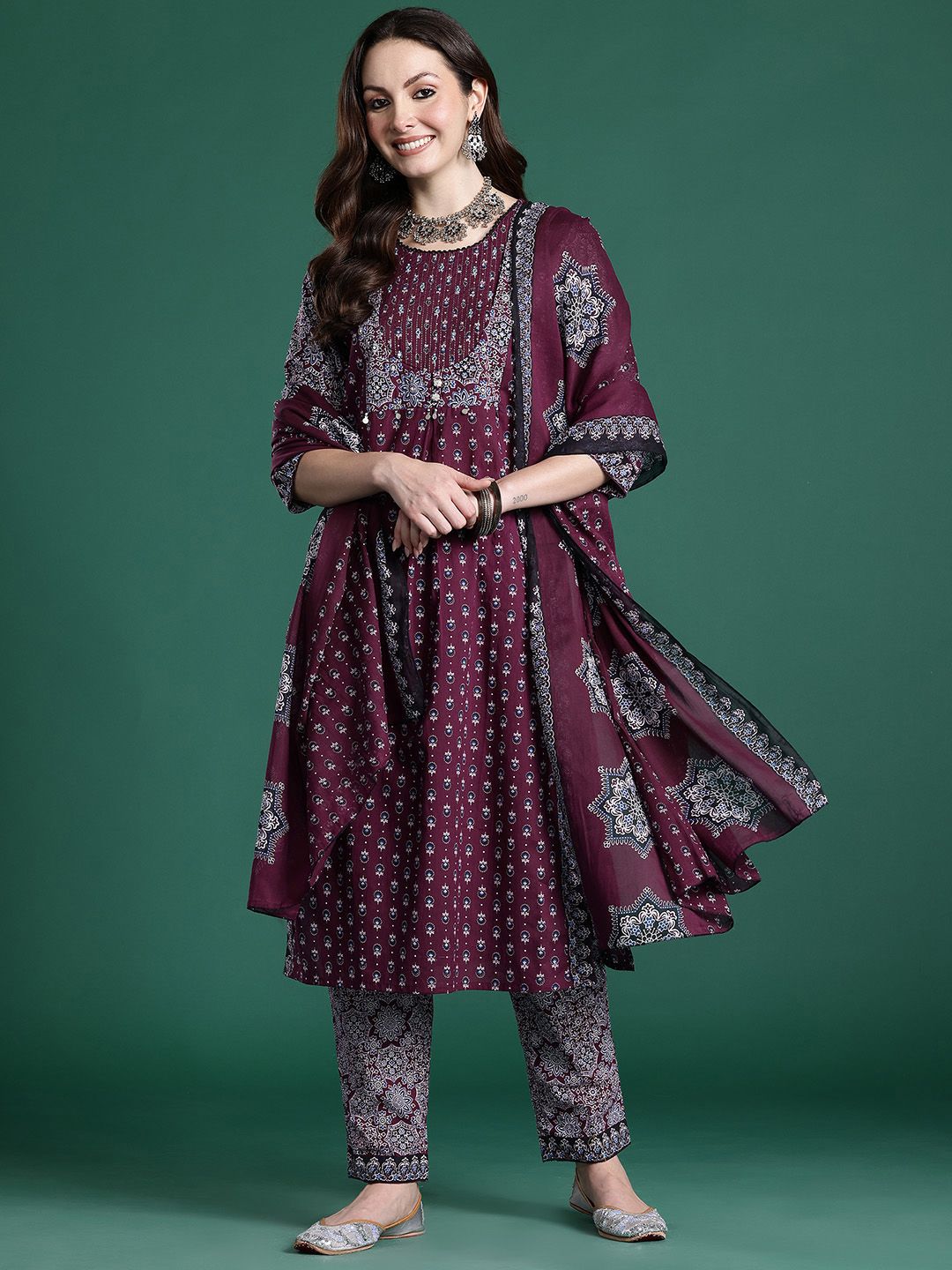 Ethnic Motifs Printed Mirror Work Pure Cotton Kurta with Trousers & With Dupatta