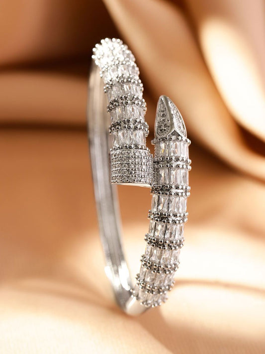 Dhiyona RJ Women's Rhodium Plated Baguette Cut Cubic Zirconia Openable Serphant Bracelet