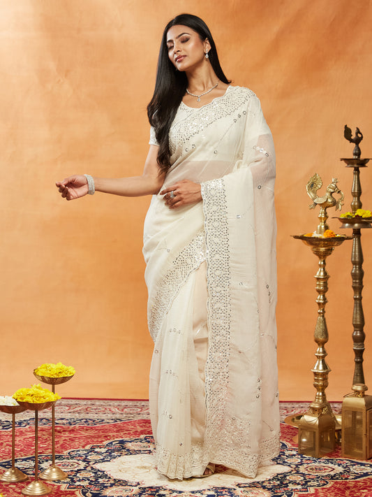 Dhiyona KS Women's Embellished Embroidered Pure Chiffon Saree
