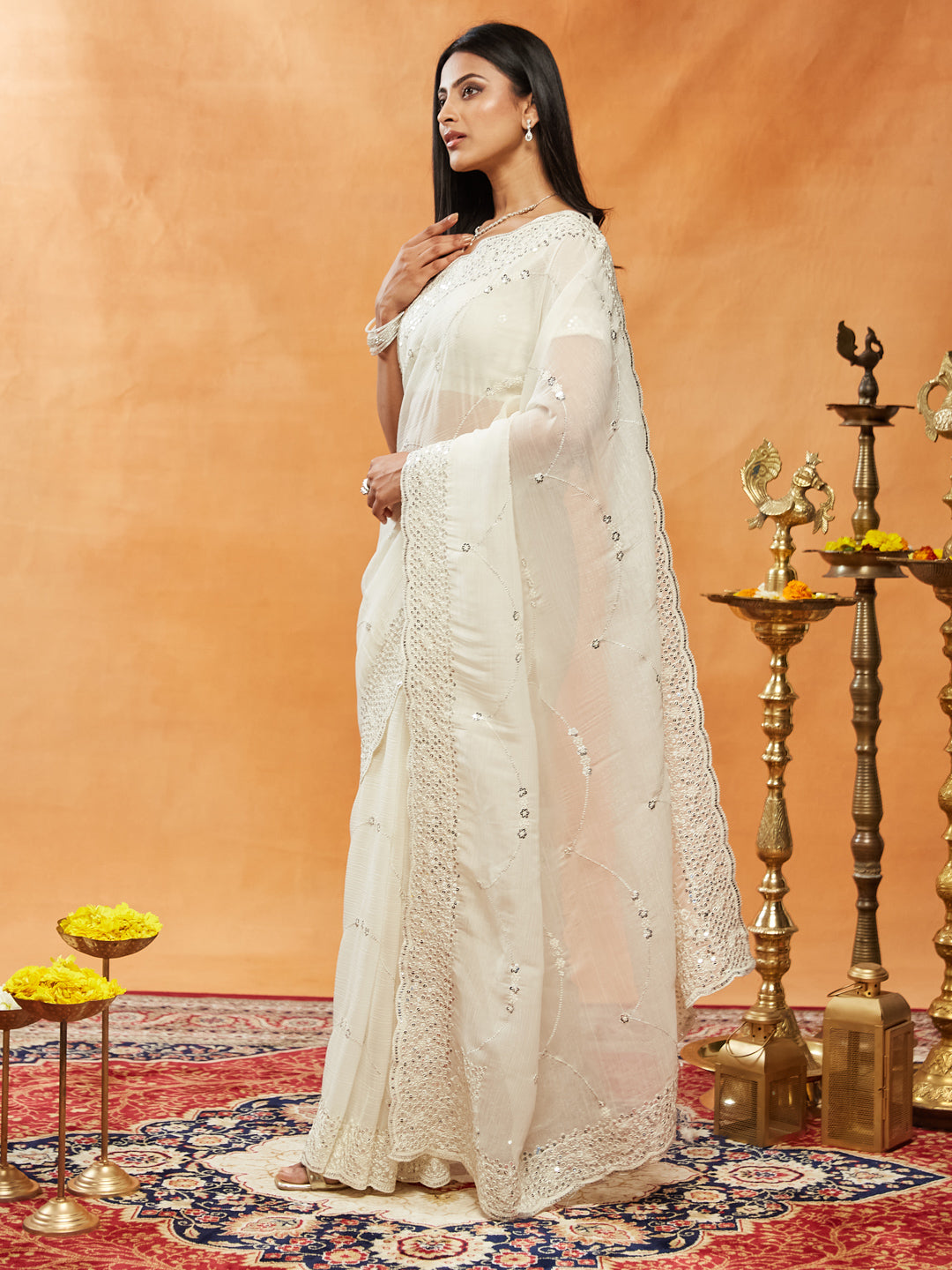 Dhiyona KS Women's Embellished Embroidered Pure Chiffon Saree