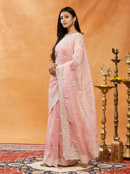 Dhiyona KS Women's Sequinned Embroidered Pure Chiffon Saree