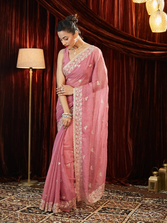 Dhiyona KS Women's Pure Chiffon Embellished Embroidered Saree With Unstitched Blouse Piece