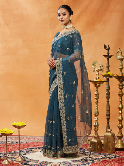 Dhiyona KS Women's Embellished Embroidered Pure Chiffon Saree