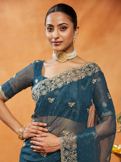 Dhiyona KS Women's Embellished Embroidered Pure Chiffon Saree