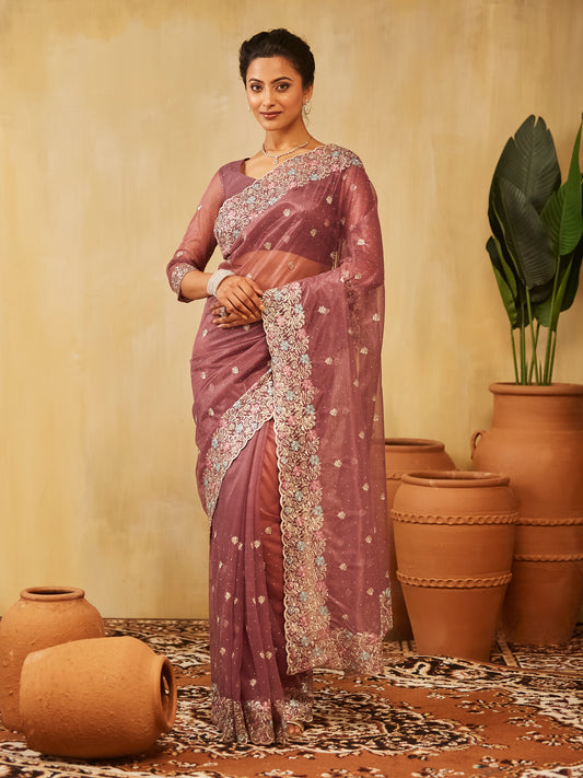Dhiyona KS Women's Floral Embroidered Supernet Saree