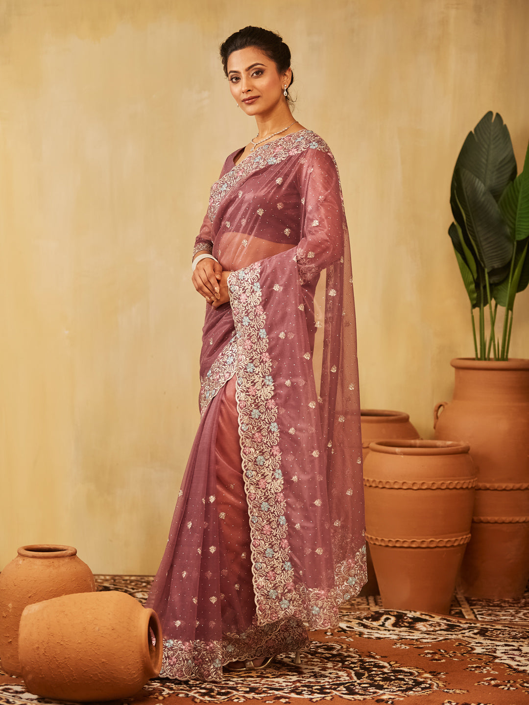 Dhiyona KS Women's Floral Embroidered Supernet Saree