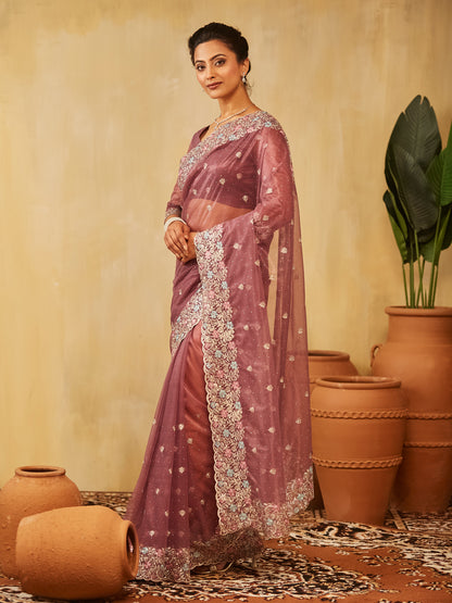 Dhiyona KS Women's Floral Embroidered Supernet Saree