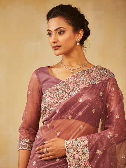 Dhiyona KS Women's Floral Embroidered Supernet Saree