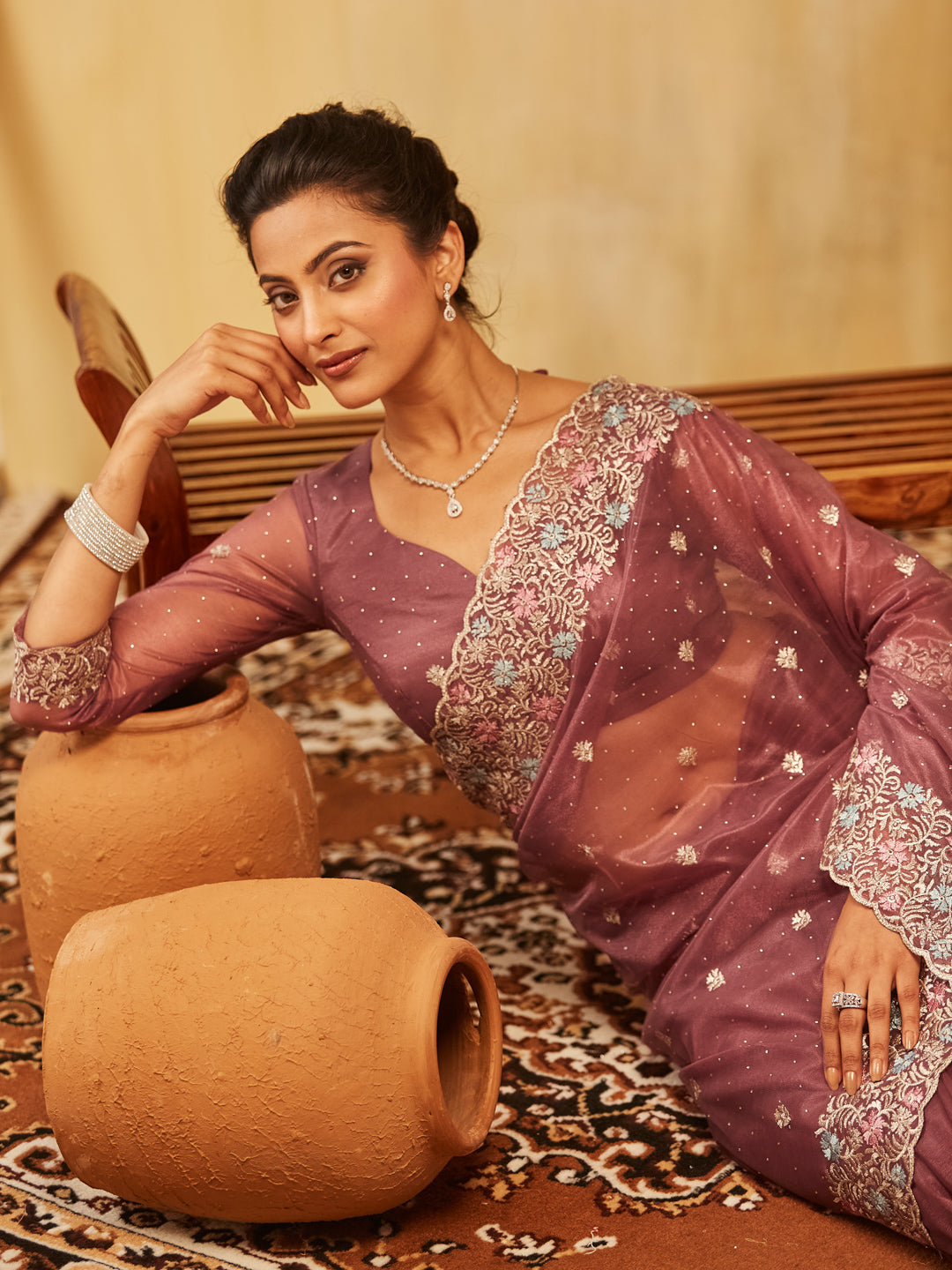 Dhiyona KS Women's Floral Embroidered Supernet Saree