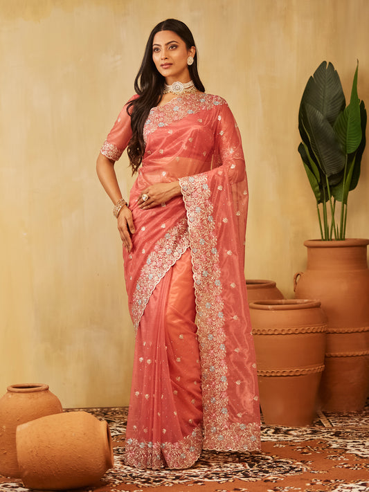 Dhiyona KS Women's Floral Embroidered Supernet Saree