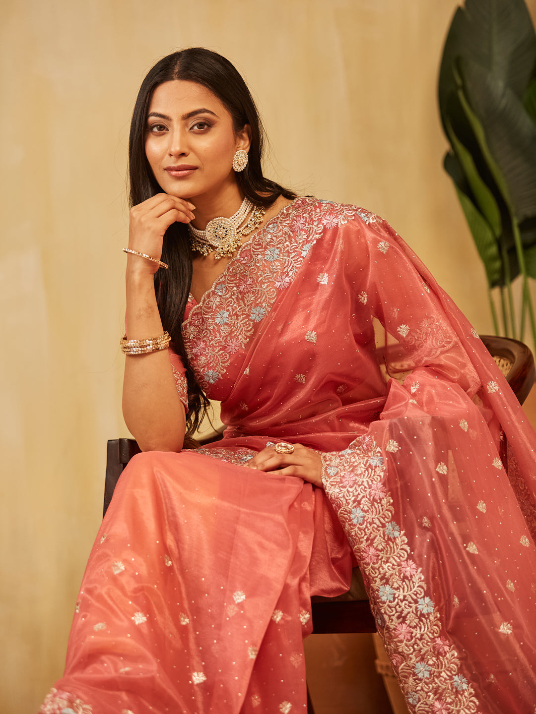 Dhiyona KS Women's Floral Embroidered Supernet Saree