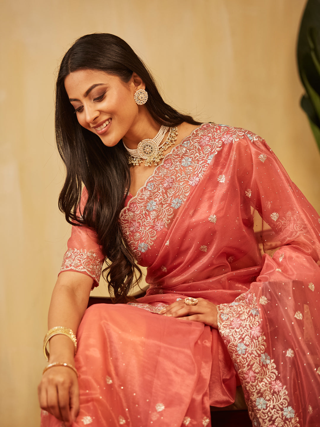 Dhiyona KS Women's Floral Embroidered Supernet Saree