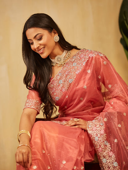 Dhiyona KS Women's Floral Embroidered Supernet Saree