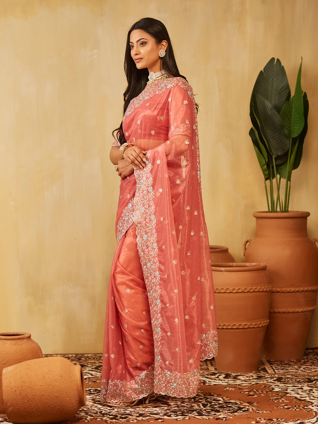Dhiyona KS Women's Floral Embroidered Supernet Saree