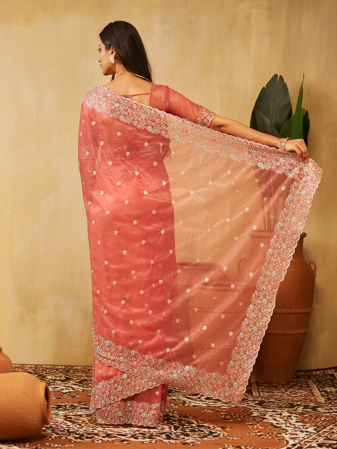 Dhiyona KS Women's Floral Embroidered Supernet Saree