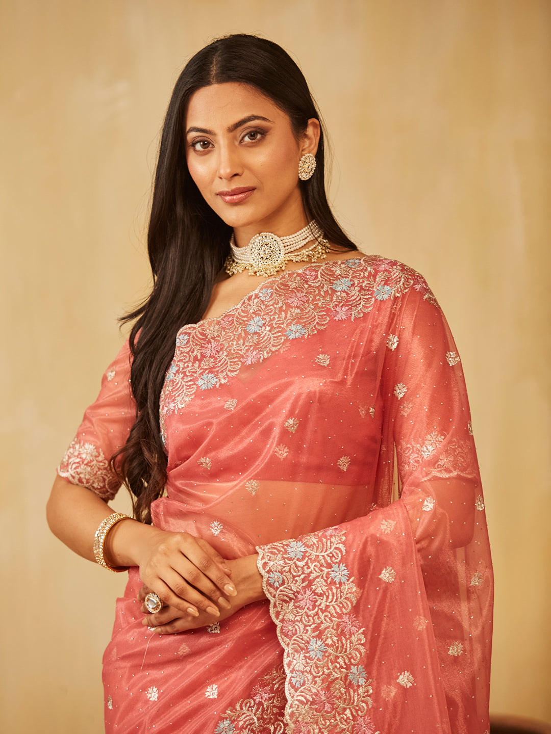 Dhiyona KS Women's Floral Embroidered Supernet Saree