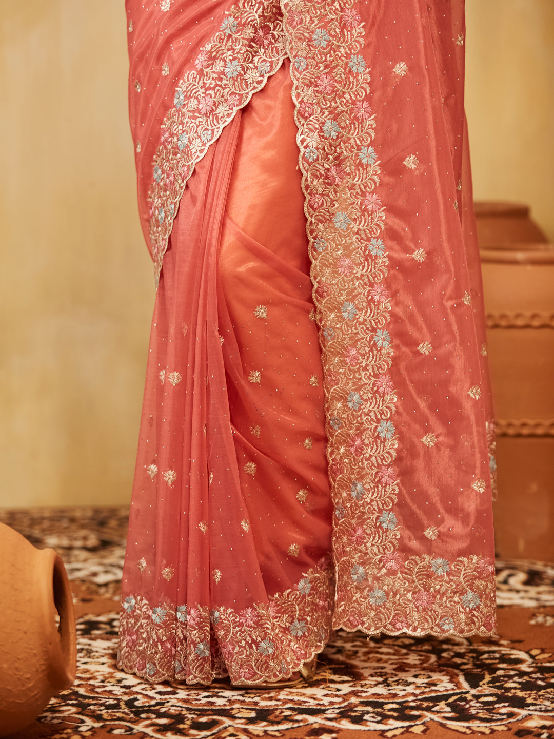 Dhiyona KS Women's Floral Embroidered Supernet Saree