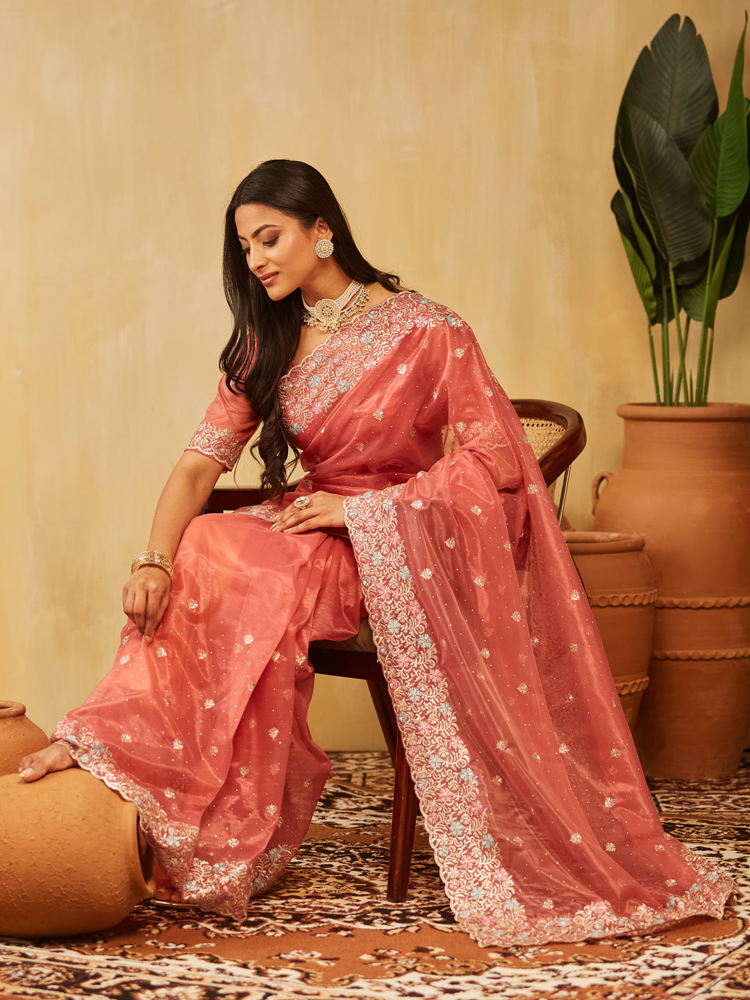 Dhiyona KS Women's Floral Embroidered Supernet Saree