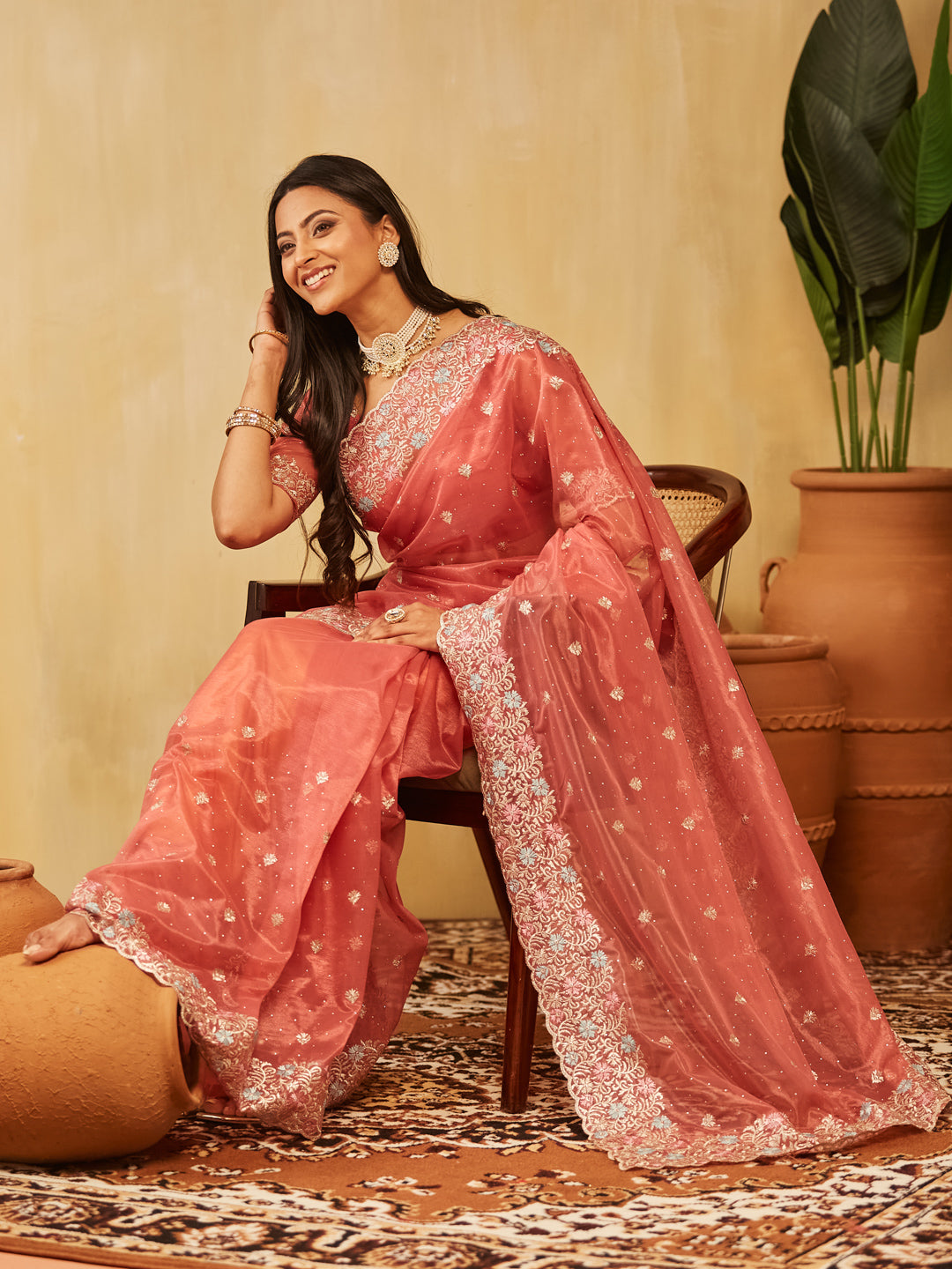 Dhiyona KS Women's Floral Embroidered Supernet Saree