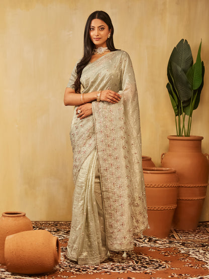 Dhiyona KS Women's Floral Embroidered Organza Saree