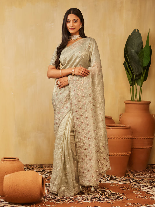 Dhiyona KS Women's Floral Embroidered Organza Saree