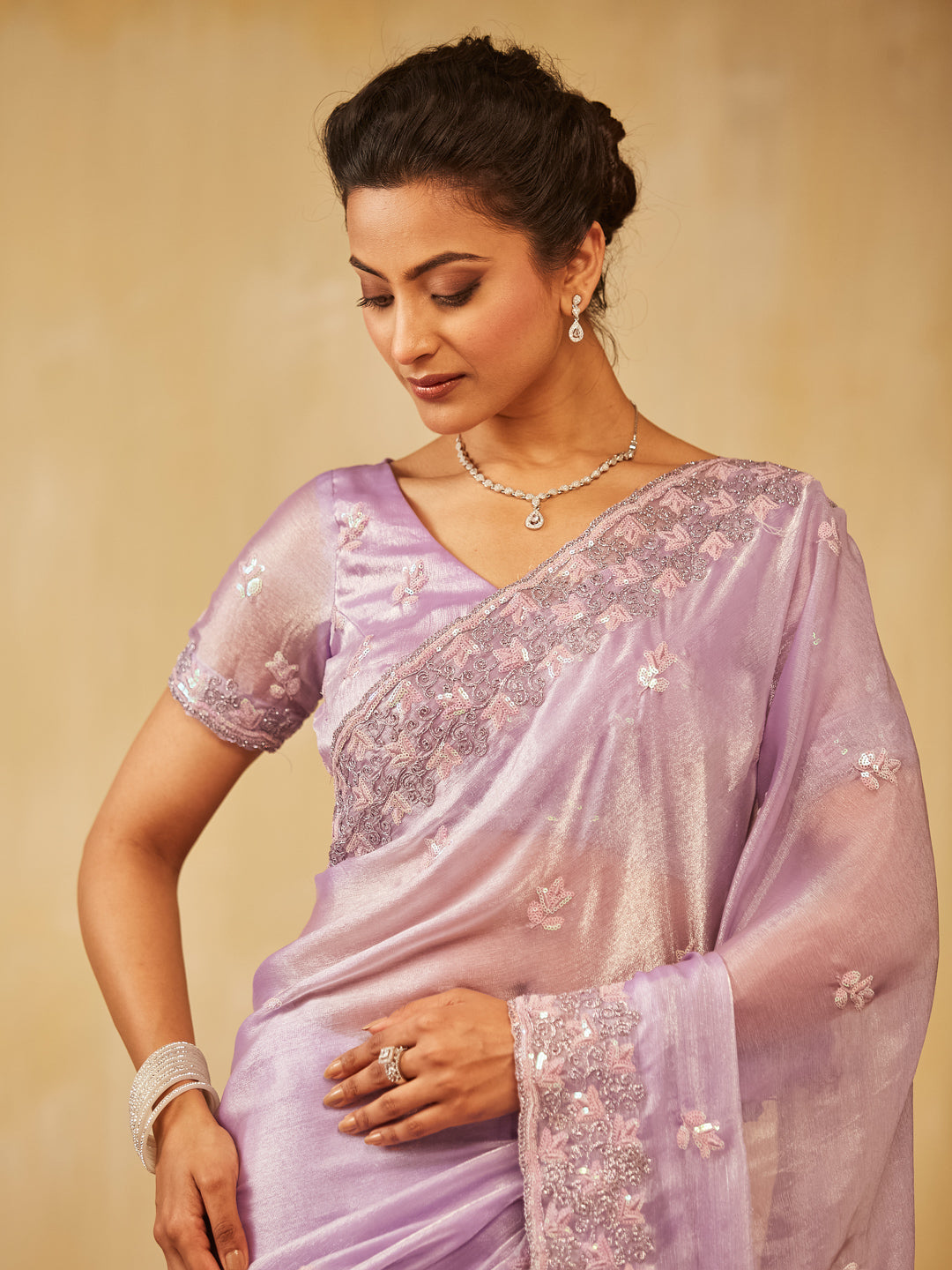 Dhiyona KS Women's Embellished Embroidered Pure Chiffon Saree