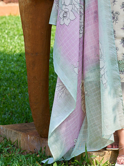Dhiyona IE Floral Printed Regular Thread Work Pure Cotton Kurta with Trousers & With Dupatta