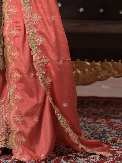 Dhiyona IE Ethnic Motifs Embroidered Panelled Sequinned A-Line Kurta With Palazzos & Dupatta