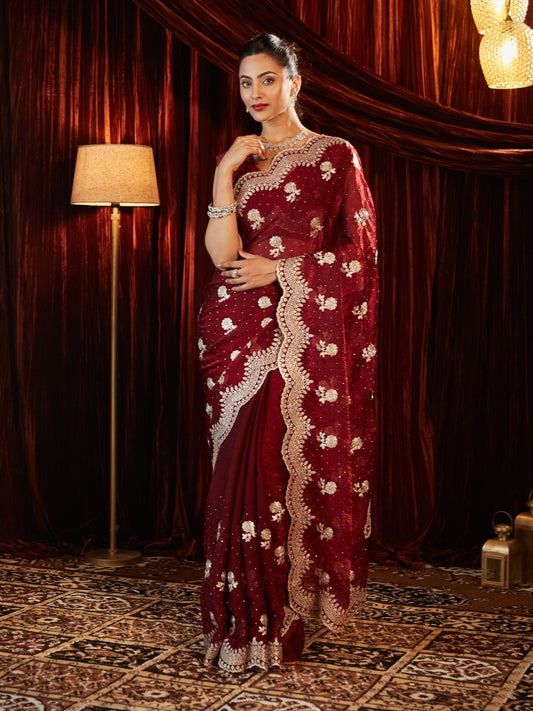 Dhiyona KS Women's Embellished Embroidered Pure Chiffon Saree