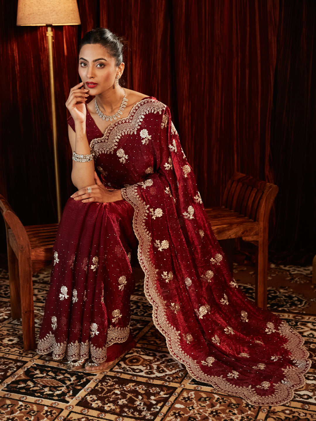 Dhiyona KS Women's Embellished Embroidered Pure Chiffon Saree