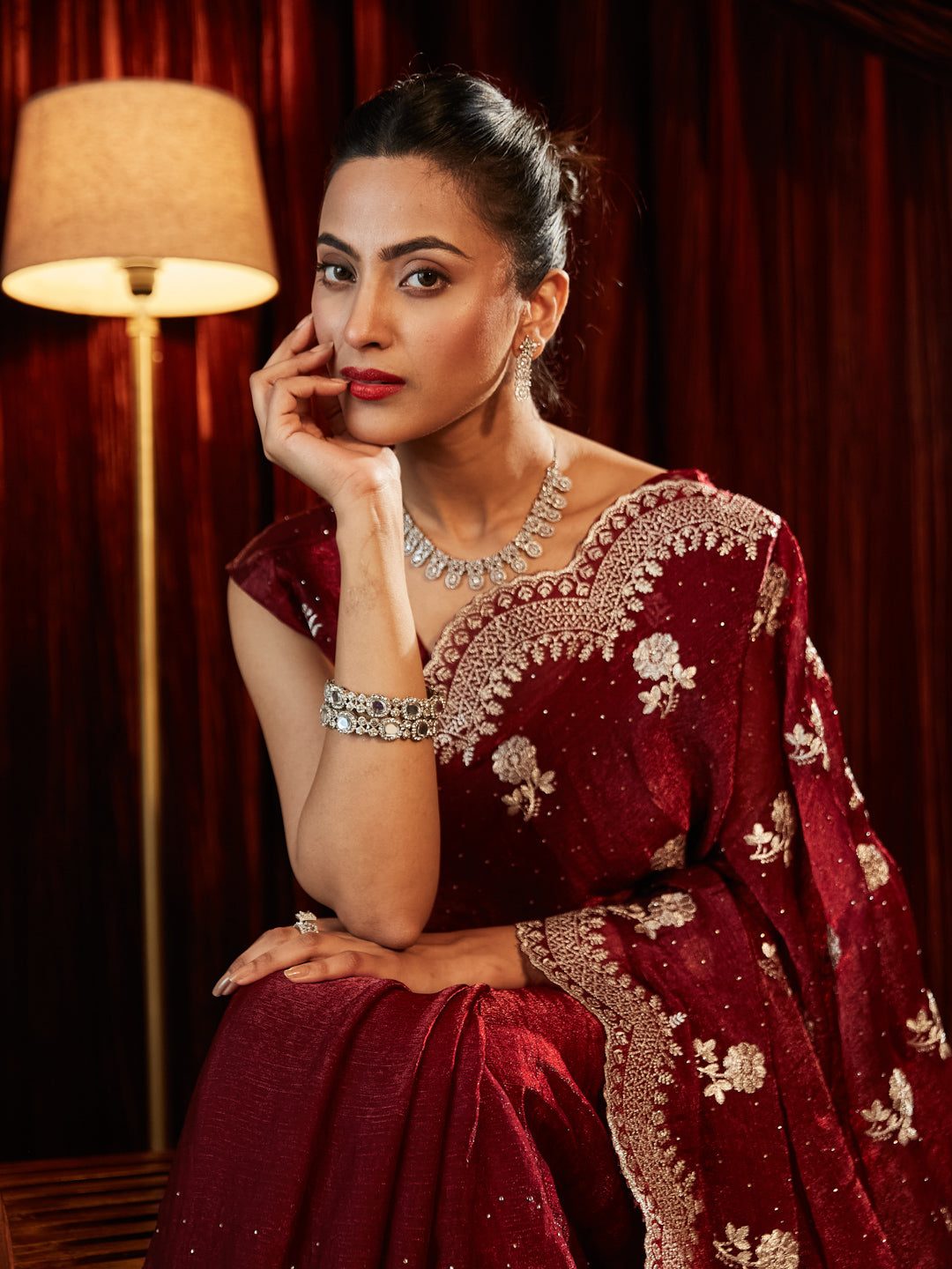 Dhiyona KS Women's Embellished Embroidered Pure Chiffon Saree