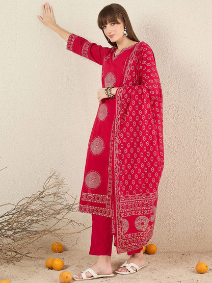 Dhiyona IE Ethnic Motifs Printed Pure Cotton V-Neck A-Line Kurta With Trousers & Dupatta