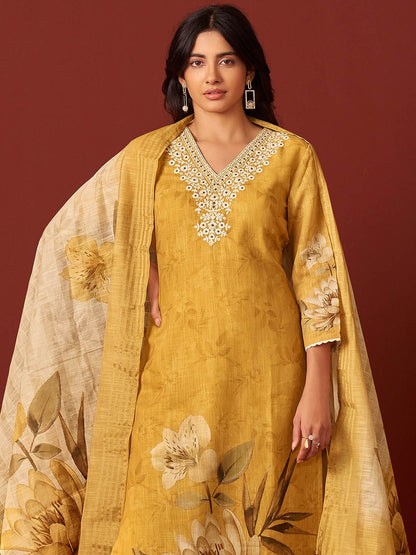 Women Floral Embroidered Cotton Kurta with Trousers & Dupatta