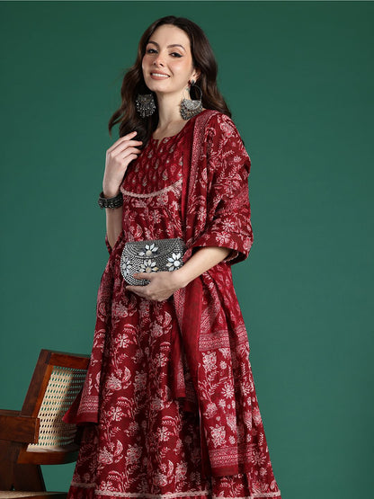 Dhiyona IE Women Floral Printed Pure Cotton Kurta With Trousers & Dupatta