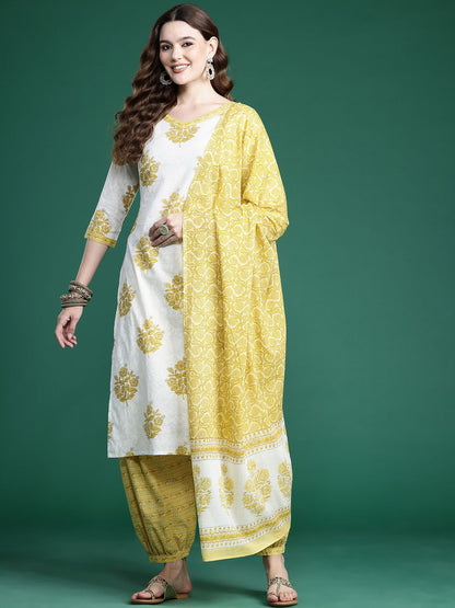Ethnic Motifs Printed Pure Cotton Kurta with Salwar & With Dupatta