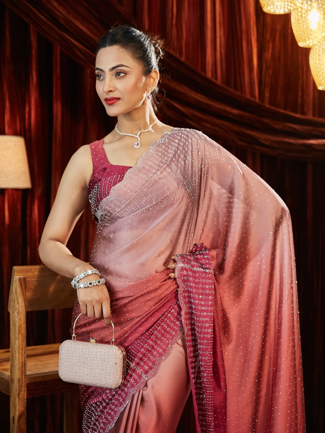 Dhiyona KS Women's Ombre Beads and Stones Silk Blend Saree