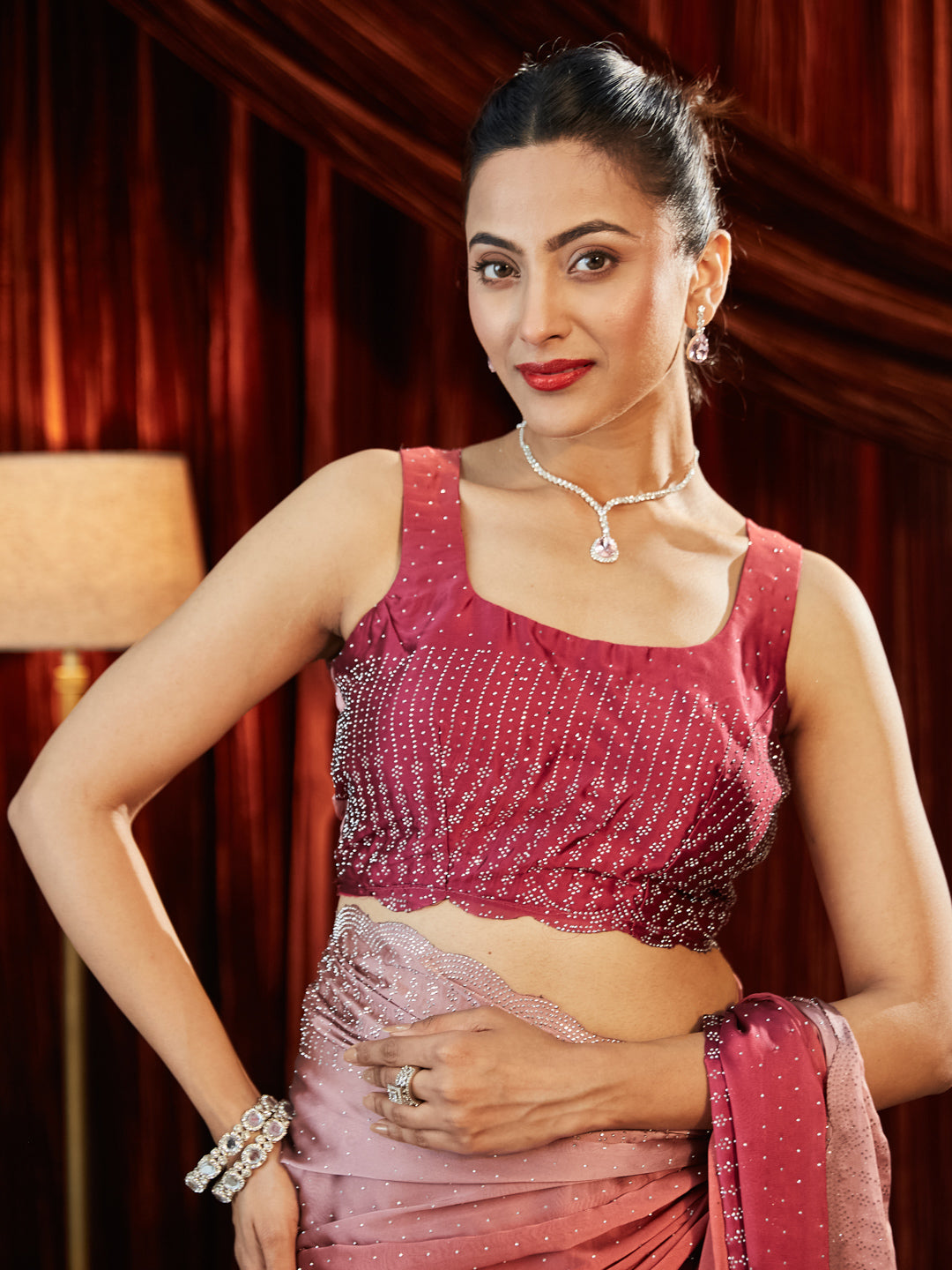 Dhiyona KS Women's Ombre Beads and Stones Silk Blend Saree