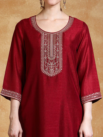 Dhiyona VA Women'sYoke Design Zari Round Neck Straight Kurta With Trousers & Dupatta