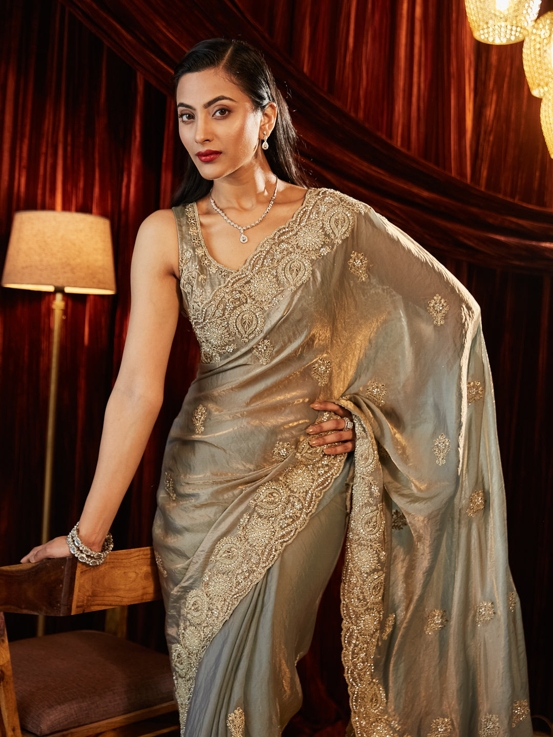 Dhiyona KS Women's Embellished Silk Heavy Work Saree With Unstitched Blouse Piece