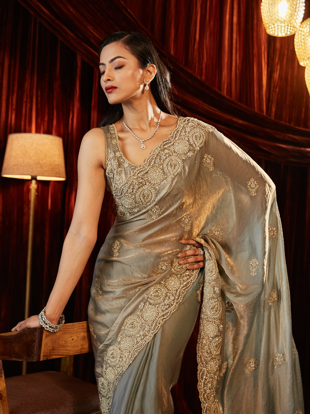 Dhiyona KS Women's Embellished Silk Heavy Work Saree With Unstitched Blouse Piece