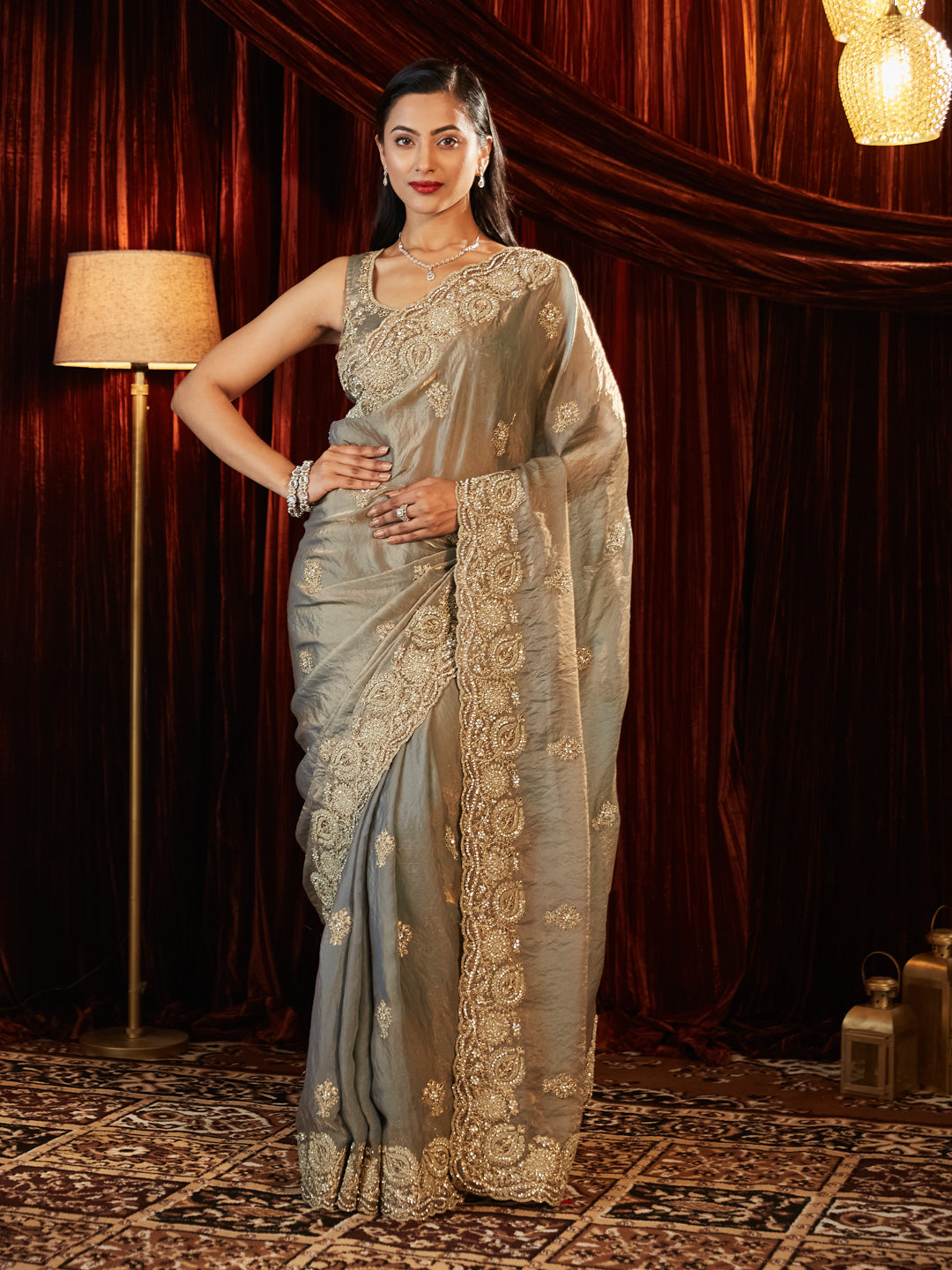 Dhiyona KS Women's Embellished Silk Heavy Work Saree With Unstitched Blouse Piece