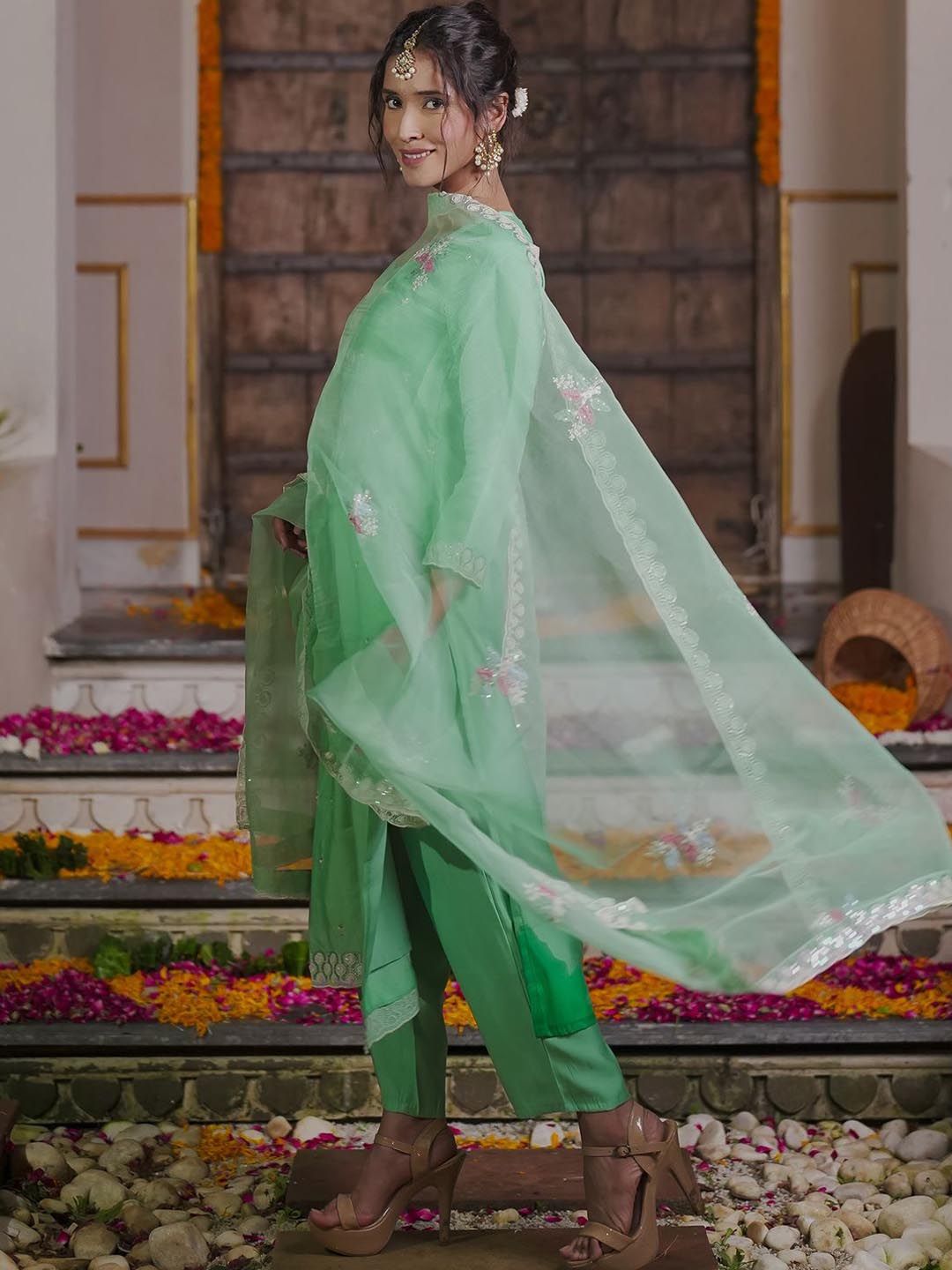 Floral Embroidered Thread Work Kurta With Trousers & Dupatta