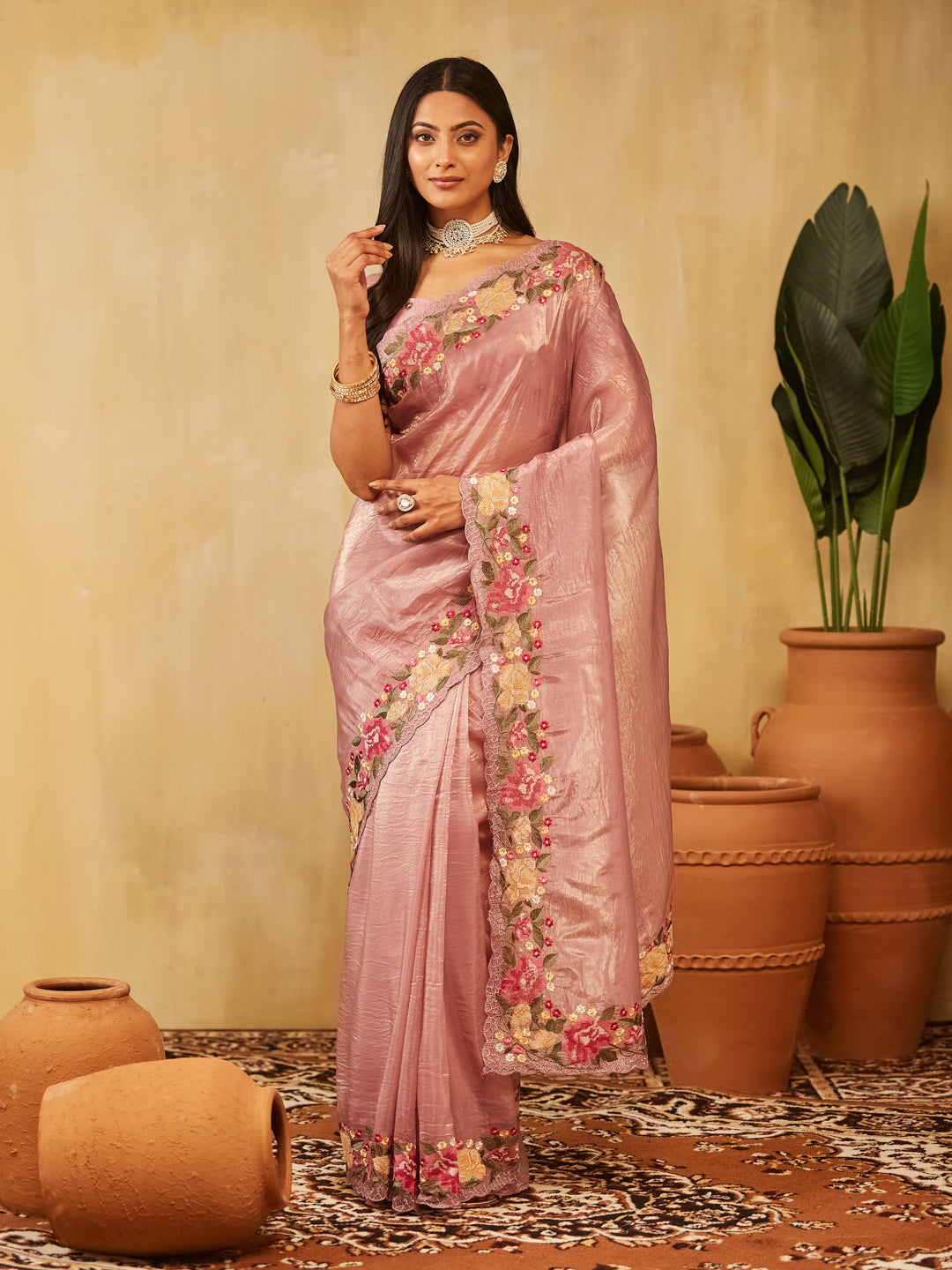Dhiyona KS Women's Solid Embroidered Organza Saree